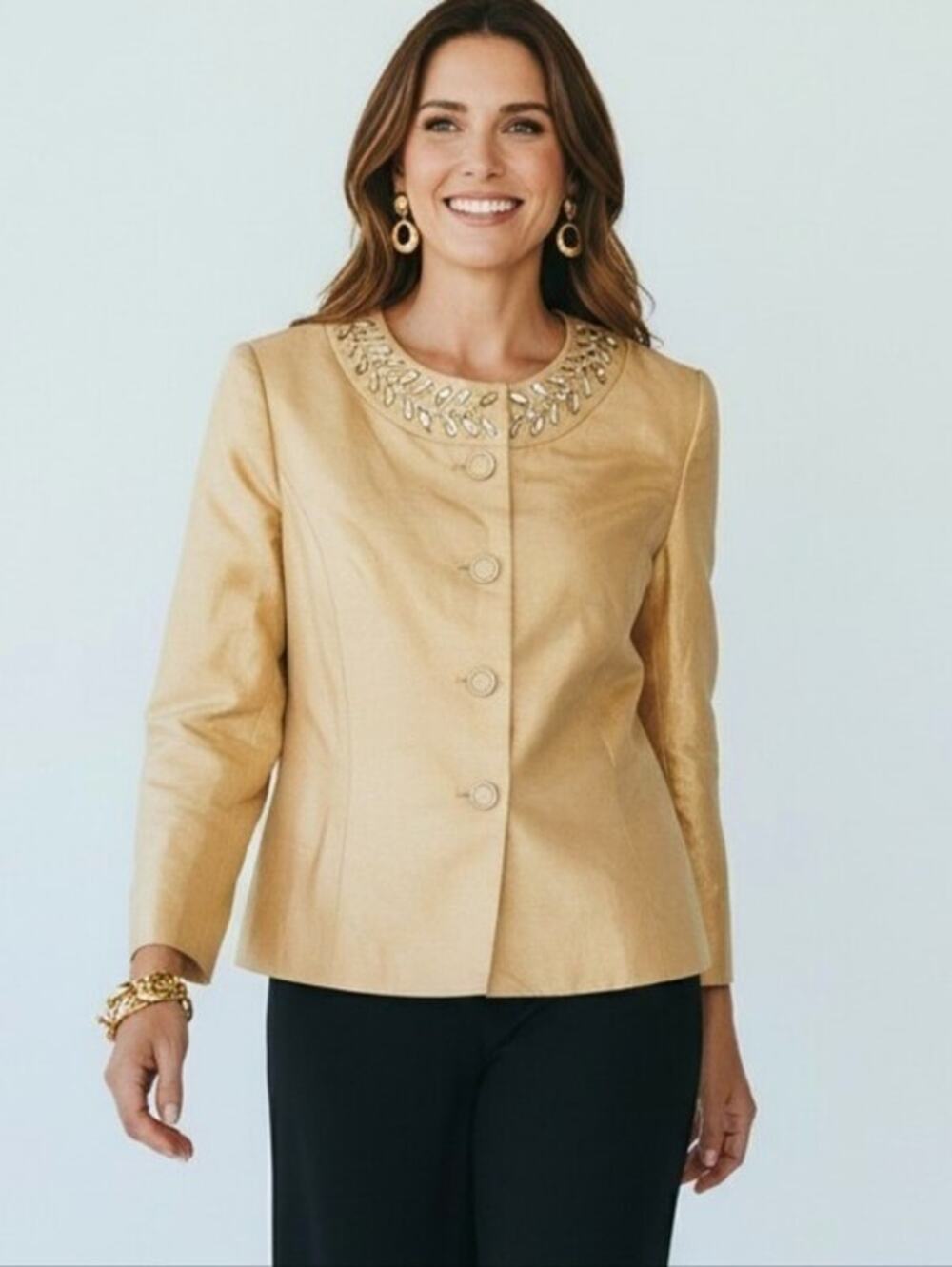 NEW Kasper Cocktail Jacket Jeweled Sz 4 Gold Short Buttons Beaded Wedding Party